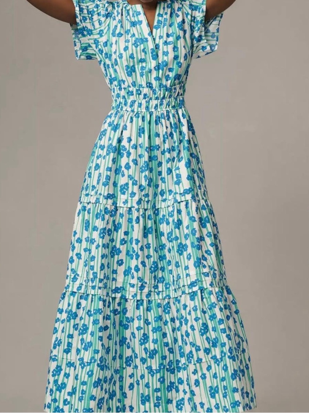 Anthropologie Blue and White Floral Tiered Maxi Dress